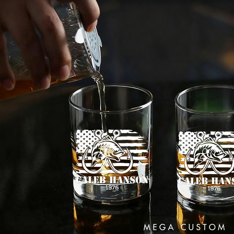 Personalized Fishing Whiskey Glass American Flag and Fish Hook Design Wine Cocktail and Beer Etched Fish Glassware Perfect Gift for Fishermen and Whiskey Lover