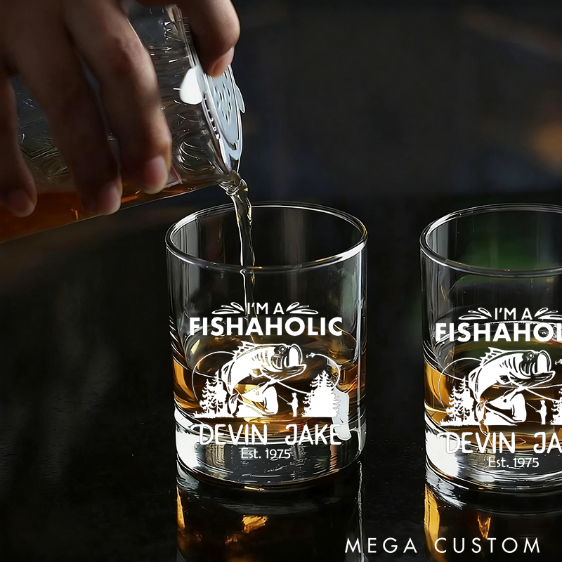 Personalized Fishing Whiskey Glass Unique Engraved Design with Fish and Forest Theme Wine Cocktail and Beer Etched Fish Glassware Fishing Lover Gift for Fishermen and Whiskey Lover