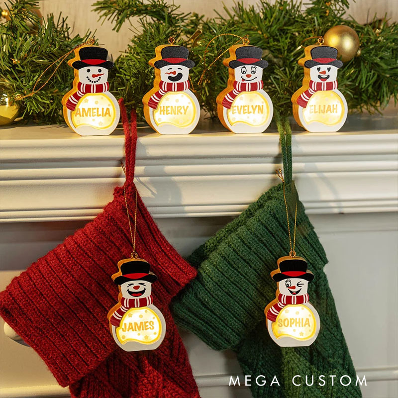 Personalized Cute Snowman LED Light Wooden Christmas Ornament with Name Christmas Tree Stocking Decor Winter Holiday Party Gift for Family Kids