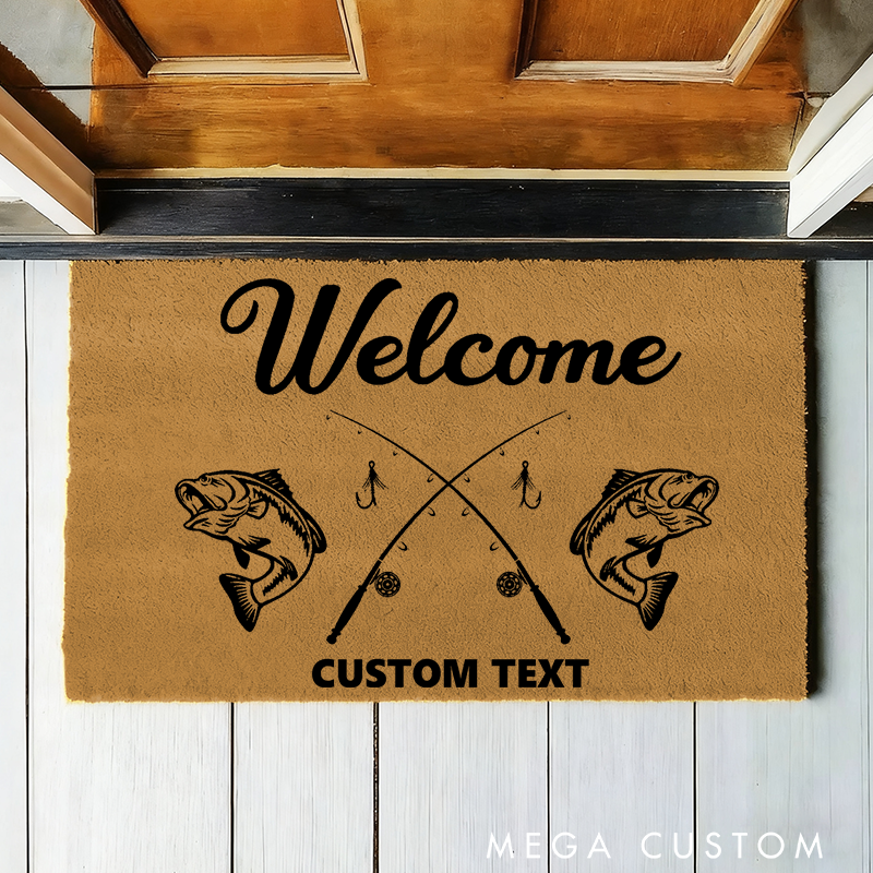 Personalised Fishing Welcome Mat Fish Welcome Doormat Fishing Home Decor Housewarming Gift Outdoor Decor with Fish and Rod Design Perfect Gift for Fishing Lover