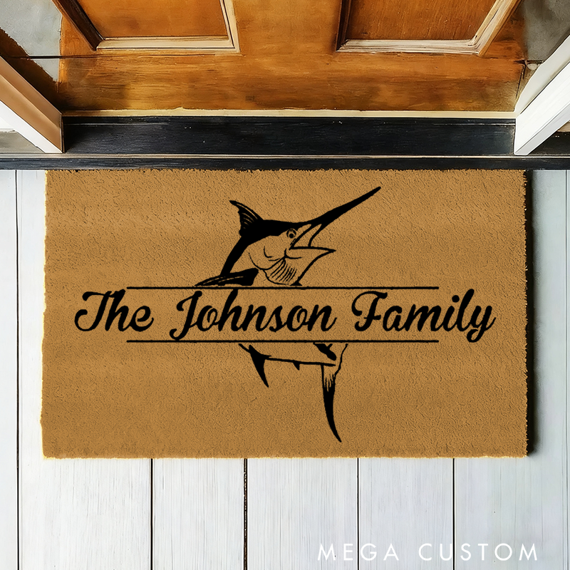 Personalised Swordfish Split Monogram Doormat Fishing Doormat Custom Family Doormat Camp Doormat Sword Fish Doormat Fish Decor