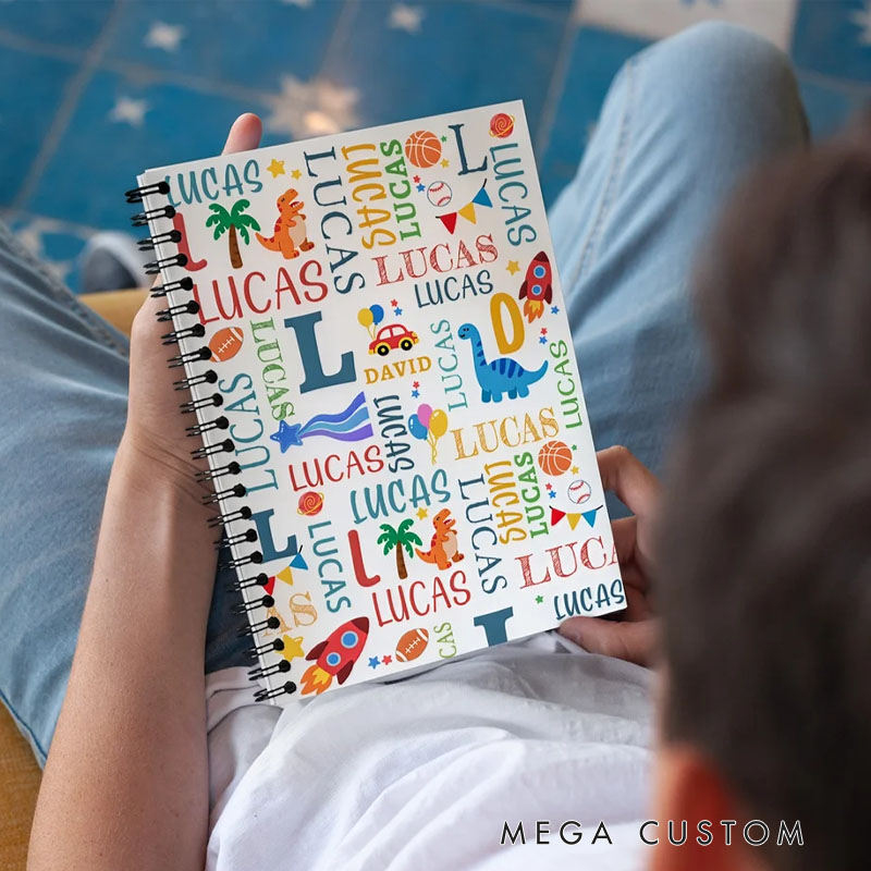 Personalized Fantasy Unicorn Dinosaur Name Cloud Spiral Notebook with Initial Back to School Birthday Gift for Kids