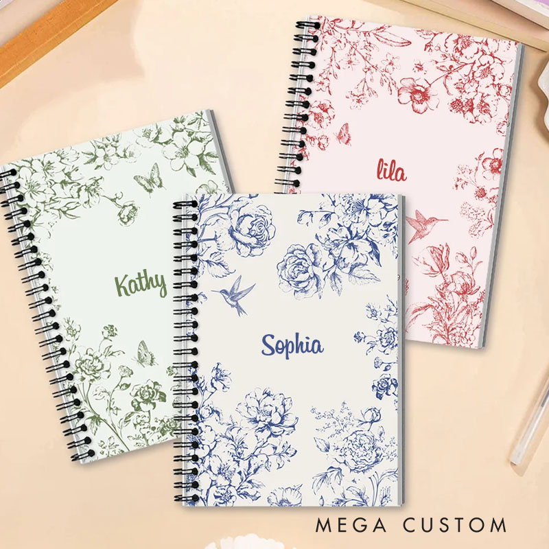 Personalized Toile De Jouy Floral Butterfly Hummingbird Spiral Notebook with Birthday Christmas Gift for Women Girls