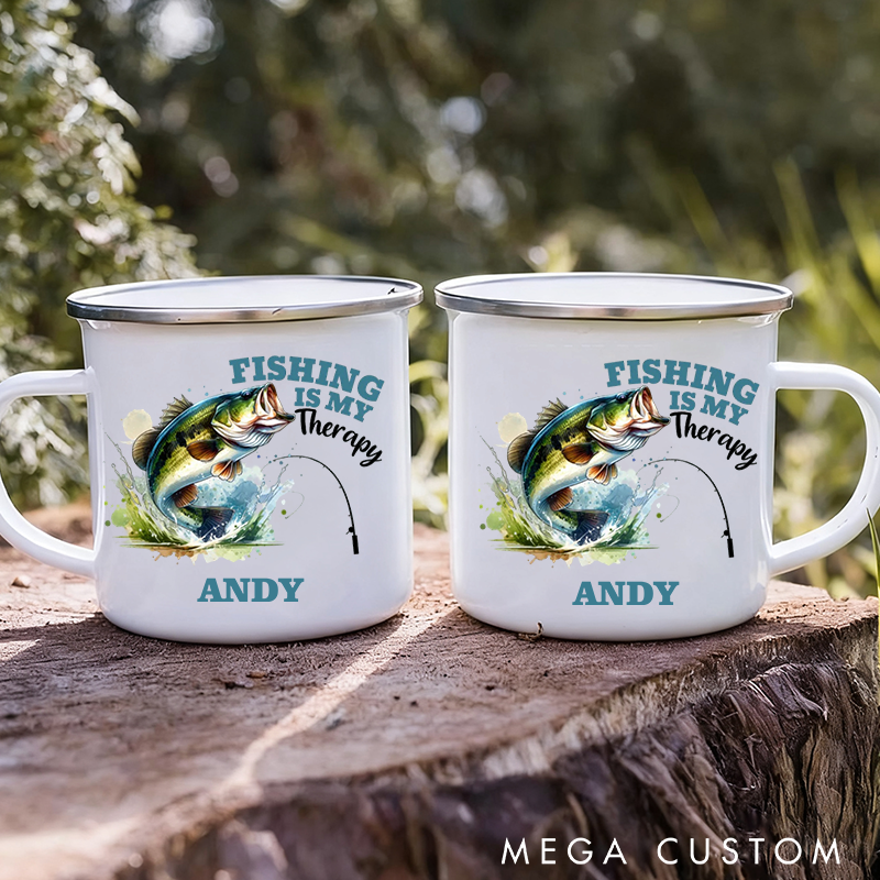 Personalized Fishing Enamel Mug Fishing is My Therapy Design Enamel Cup Fishing Mug Gift for fisherman Fathers Day Mug Dad Fishing Gifts
