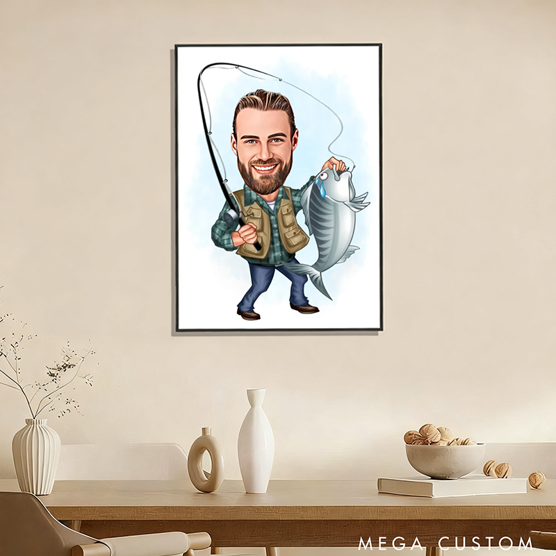 Personalized Cartoon Fisherman Portrait Fishing Gift For Men Custom Fisherman Caricature Drawing from Photo Funny Fisherman Caricature Gift for Fisherman