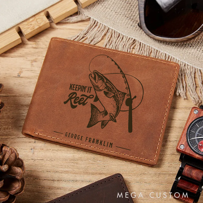 Personalized Fishing Leather Wallet Engraved Fish and Rod Design Genuine Leather Wallet for Father's Day Perfect Gift for Angler and Outdoor Enthusiast