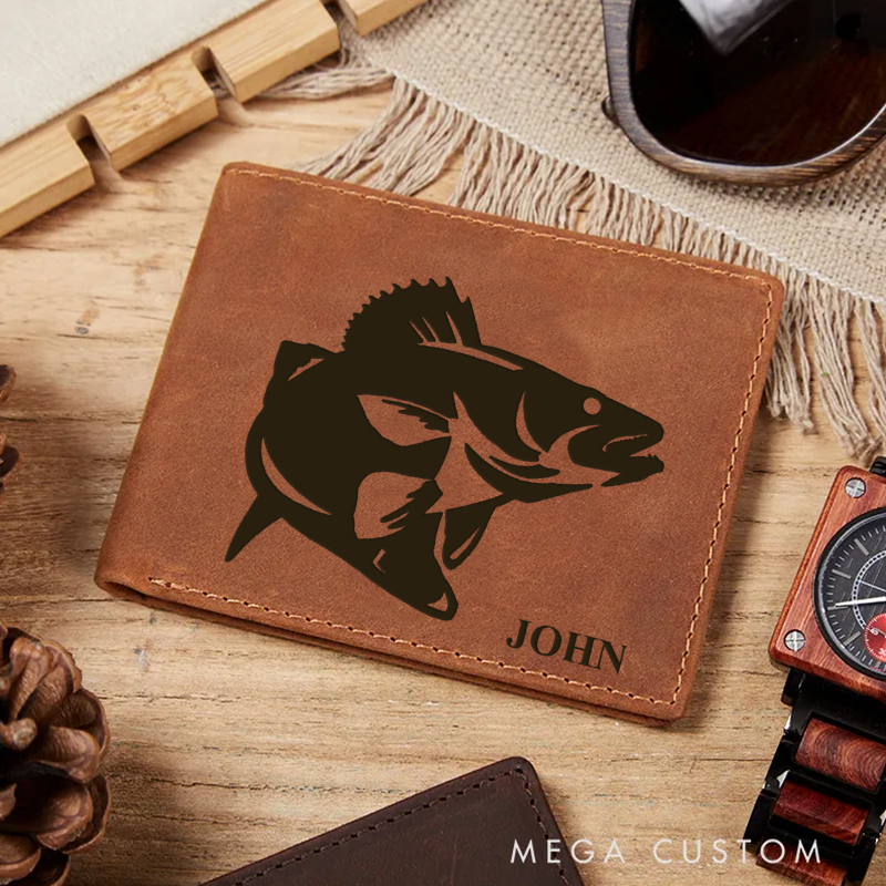 Personalized Rustic Leather Fishing Wallet Engraved Fish BiFold Genuine Leather Wallet for Father's Day Perfect Gift for Angler and Outdoor Enthusiast