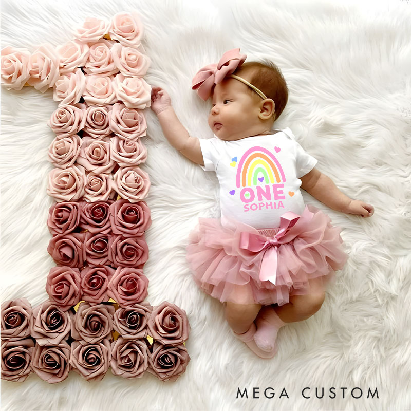 Personalized Rainbow One Baby Tutu Skirt with Colorful Print and Pink Tulle for Joyful First Birthdays