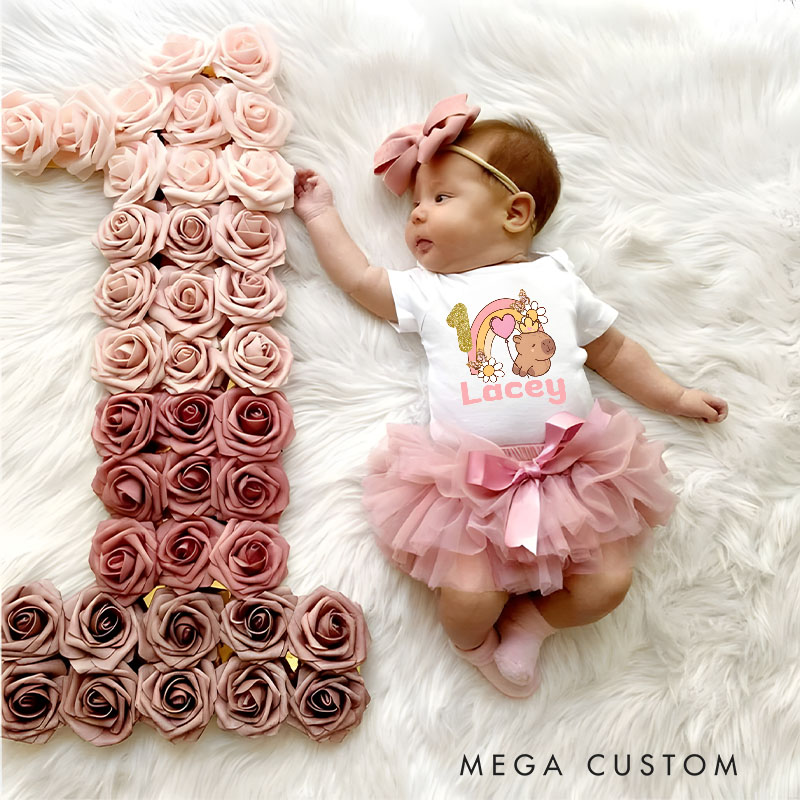 Personalized Rainbow Capybara Baby Tutu Skirt with Cute Animal and Colorful Design for First Birthday Celebrations