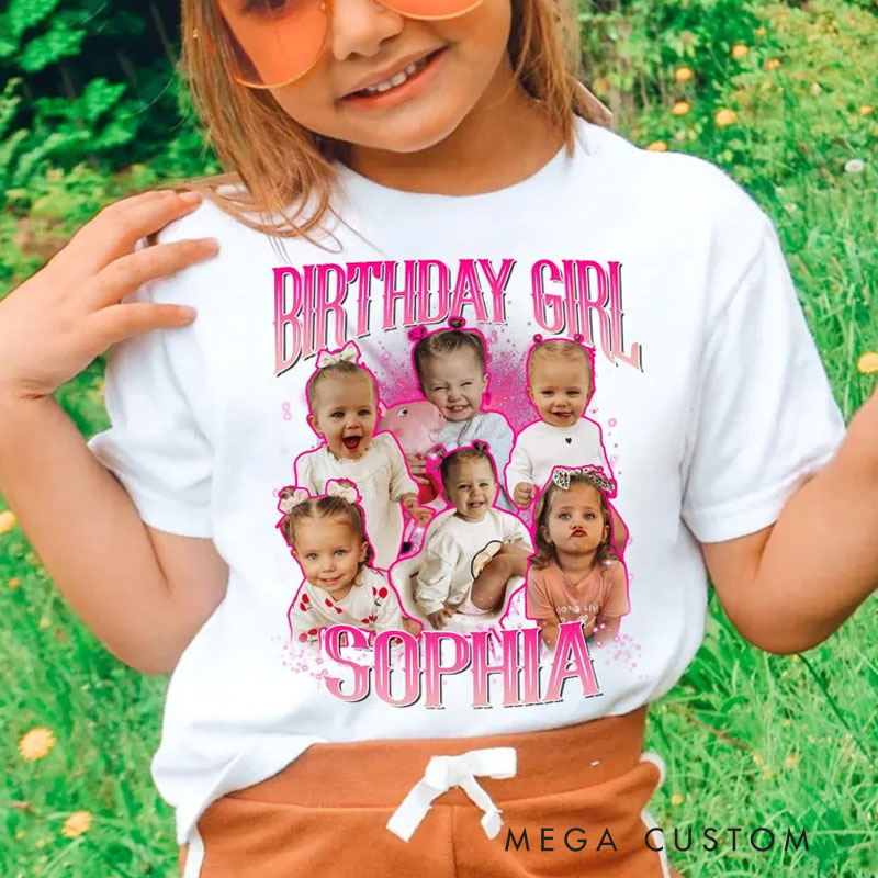 Personalized Name and Kids Birthday Photo Shirt Featuring Adorable Characters and Pink Theme for Birthday Fun