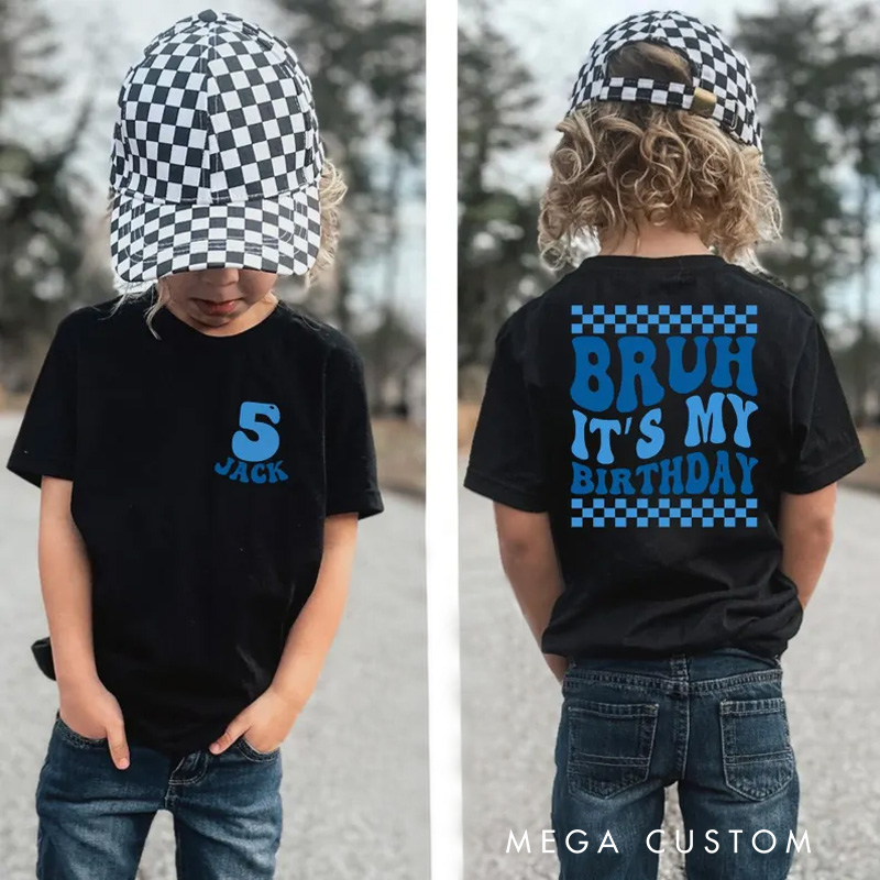 Personalized Birthday Bruh Kids T-Shirt with Cool Blue Design and Fun Text for a Trendy Celebration