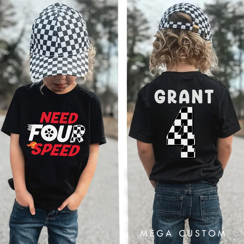 Personalized Birthday Need for Speed Kids T-Shirt with Racing Theme and Checkered Flag for Little Car Enthusiasts