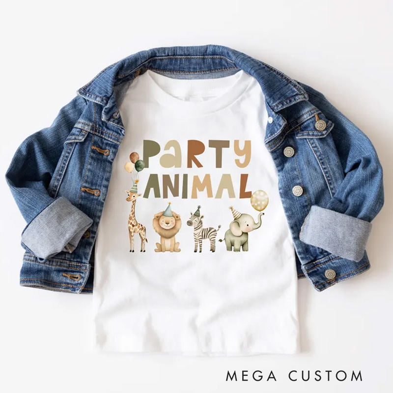 Personalized Party Animal Kids T-Shirt with Cute Animal Graphics and Gold Accents for a Wild Celebration