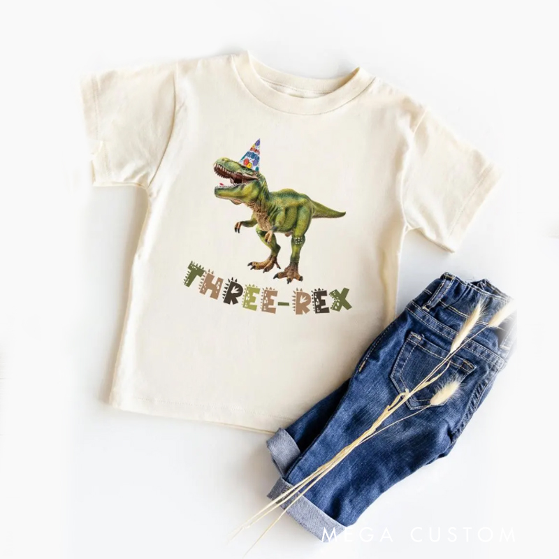 Personalized Dino Explorer Kids Birthday T-Shirt with Dinosaur Graphic and Name for Little Adventurers Birthday Gift