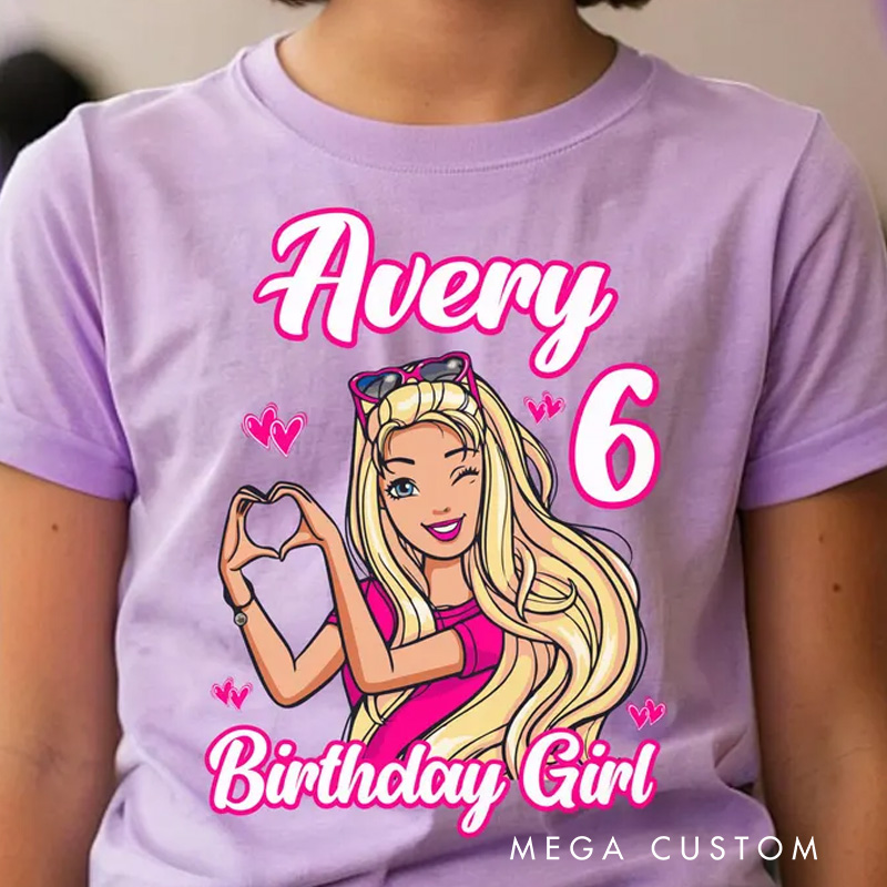 Personalized Birthday Girl Kids T-Shirt with Pink Princess Theme and Name for a Magical Birthday