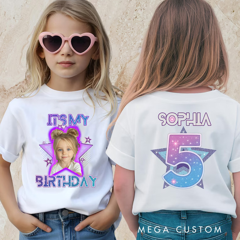 Personalized Birthday Celebration Kids T-Shirt with Bold Photo Design and Name for a Special Day