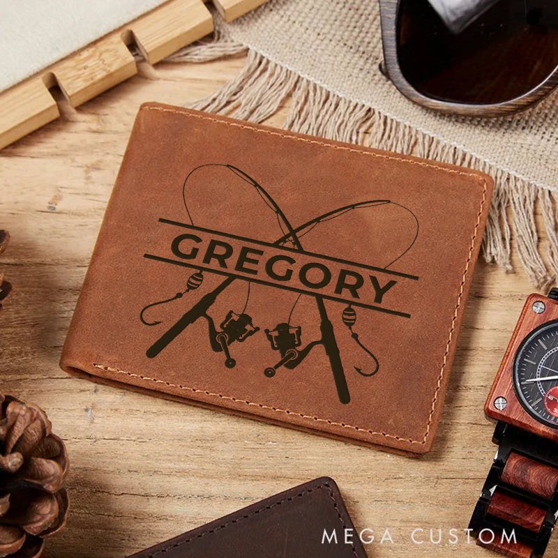 Personalized Fishing Leather Wallet Fishing Gifts for Men Fishing Rod Gift for Him Fisherman Wallet Hunting Gift for Boyfriend Bass Engraved Leather Gift