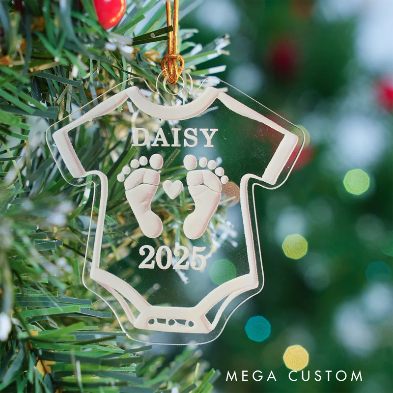 Personalized Baby Bodysuit Pregnancy Announcement Ornament with Text and Year Christmas Tree Home Decor Birthday Gift for New Parents