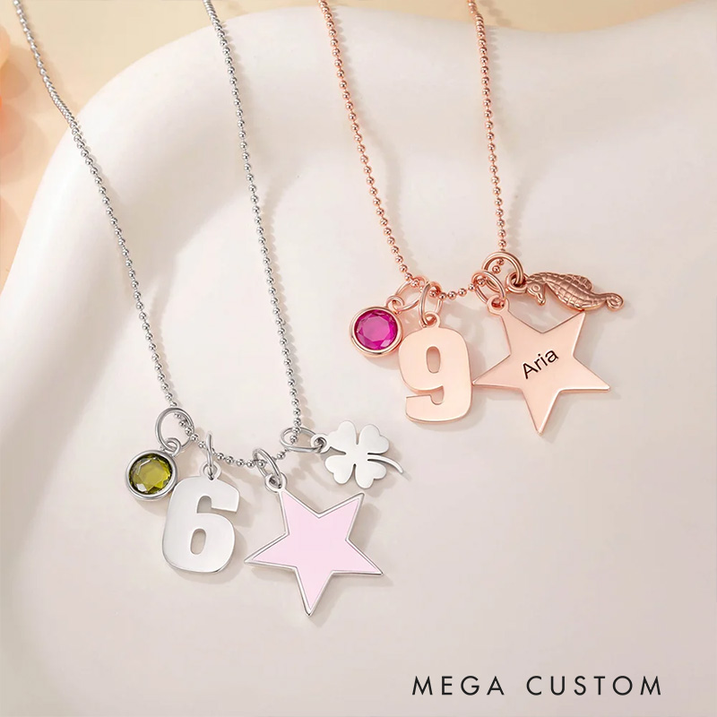 Personalized Star Heart Seahorse Ballerina Pendant Bead Chain Necklace with Birthstone Number and Engraved Name Birthday Gift for Kids Girls