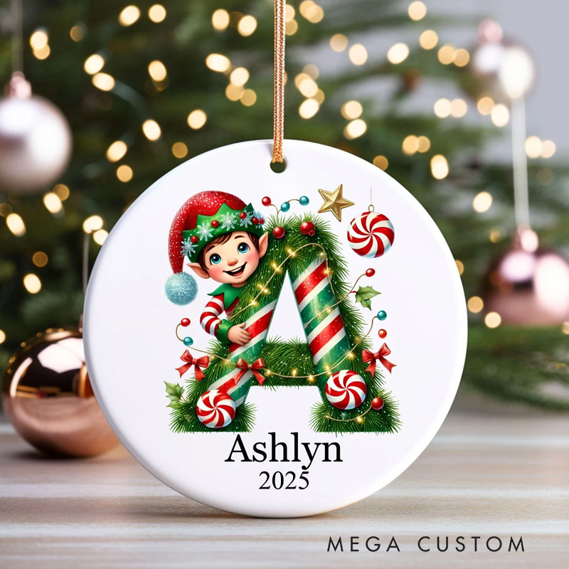 Personalized Festive Initial Christmas Ornament with Elf and Candy Cane Design for Holiday Cheer