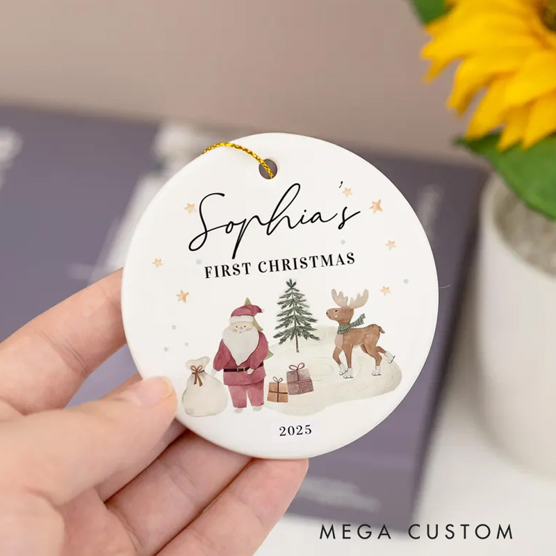 Personalized First Christmas Ornament with Cute Woodland Creatures and Name for a Special Keepsake
