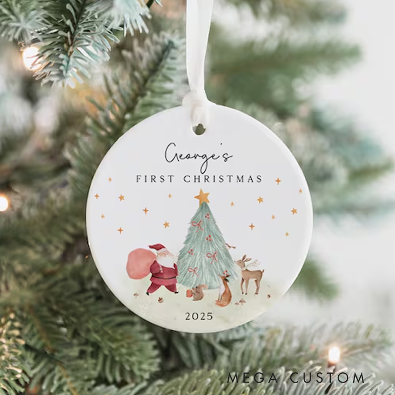 Personalized First Christmas Ornament with Whimsical Forest Scene and Name for a Magical Celebration