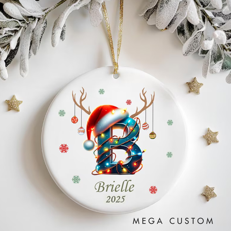 Personalized Initial Christmas Ornament with Reindeer Antlers and Name for a Fun Holiday Touch