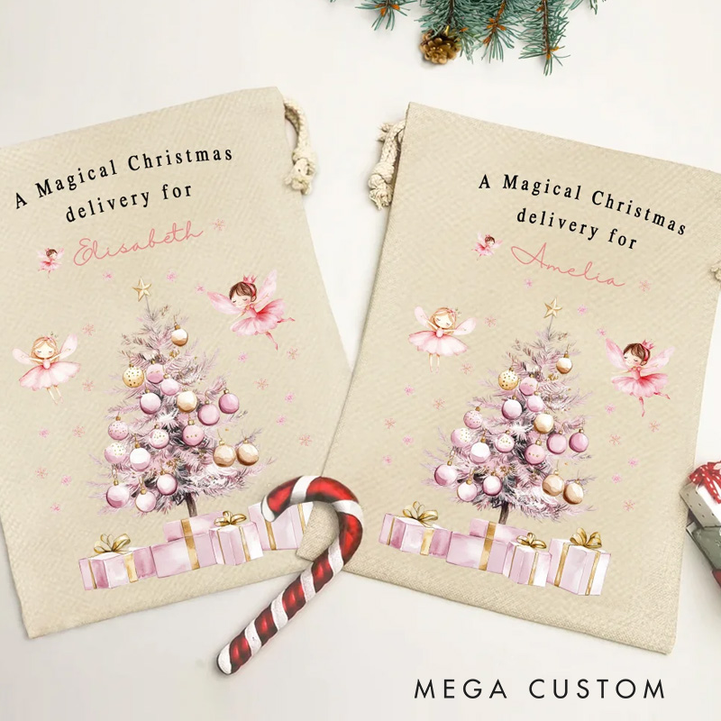 Personalized A Magical Christmas Delivery Pink Fairy Drawstring Bag with Name Christmas Gift for Girls