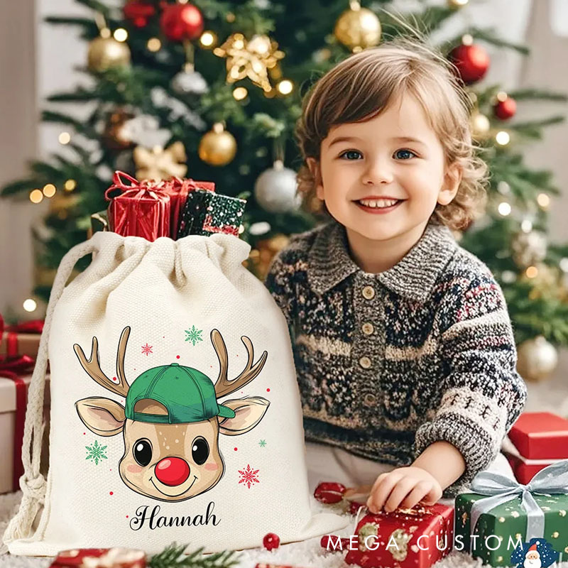 Personalized Reindeer Snowflake Sack Drawstring Treat Bag with Name Christmas Party Favor Gift for Kids Family