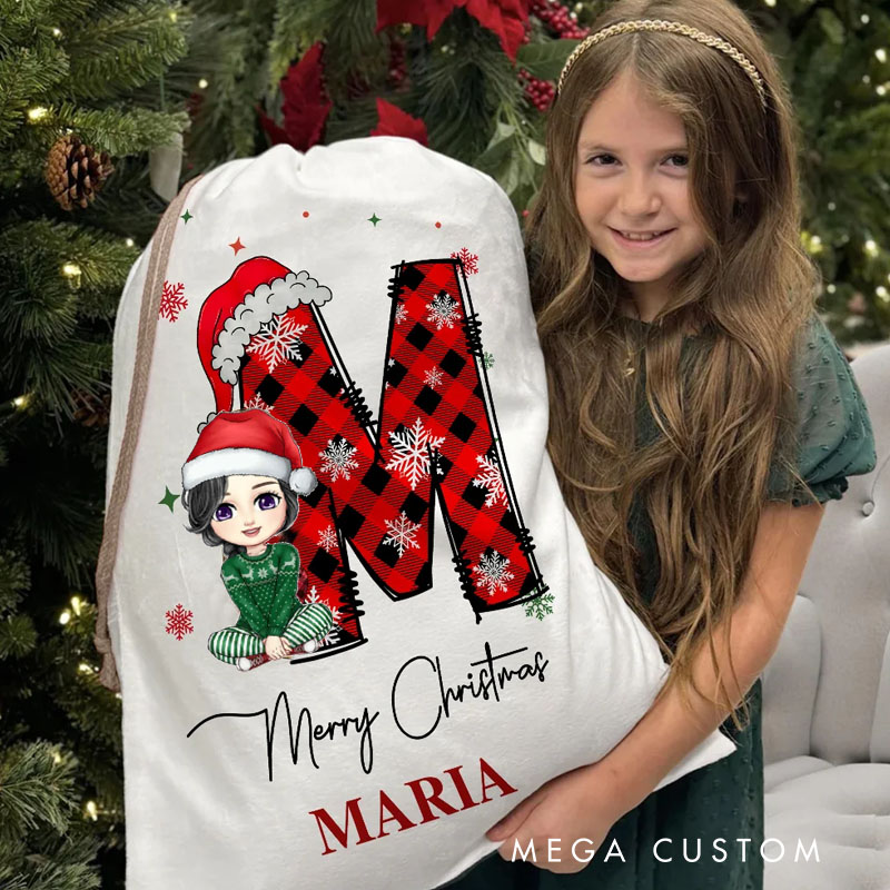 Personalized Christmas Cartoon Character Santa Hat Initial Drawstring Bag Christmas Party Gift for Family Girls
