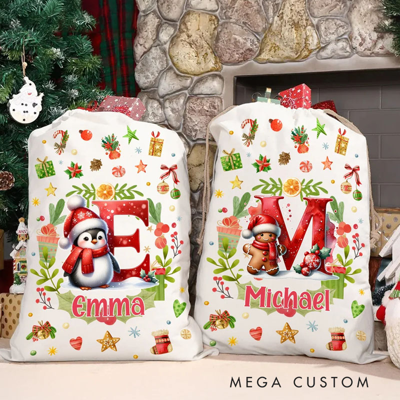 Personalized Snowman Reindeer Penguin Christmas Initial Drawstring Christmas Gift Bag with Name Christmas Eve Party Gift for Kids Family Friends