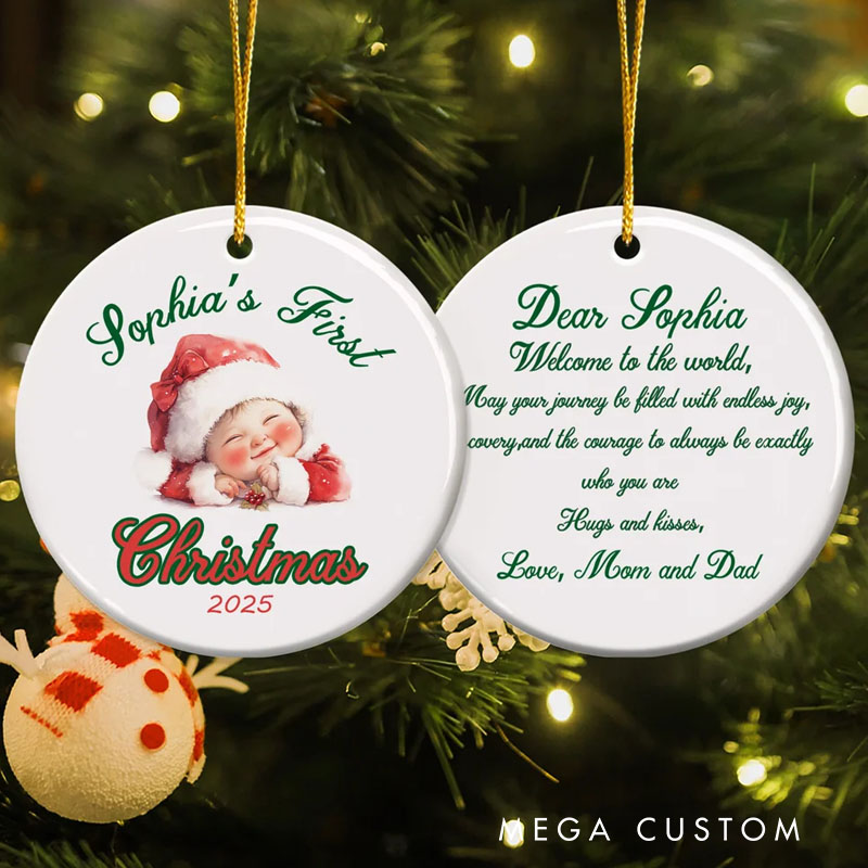 Personalized Baby Pattern Newborn First Christmas Ceramic Ornament with Name Text and Year Home Tree Decor Christmas Gift for Family Baby New Parents