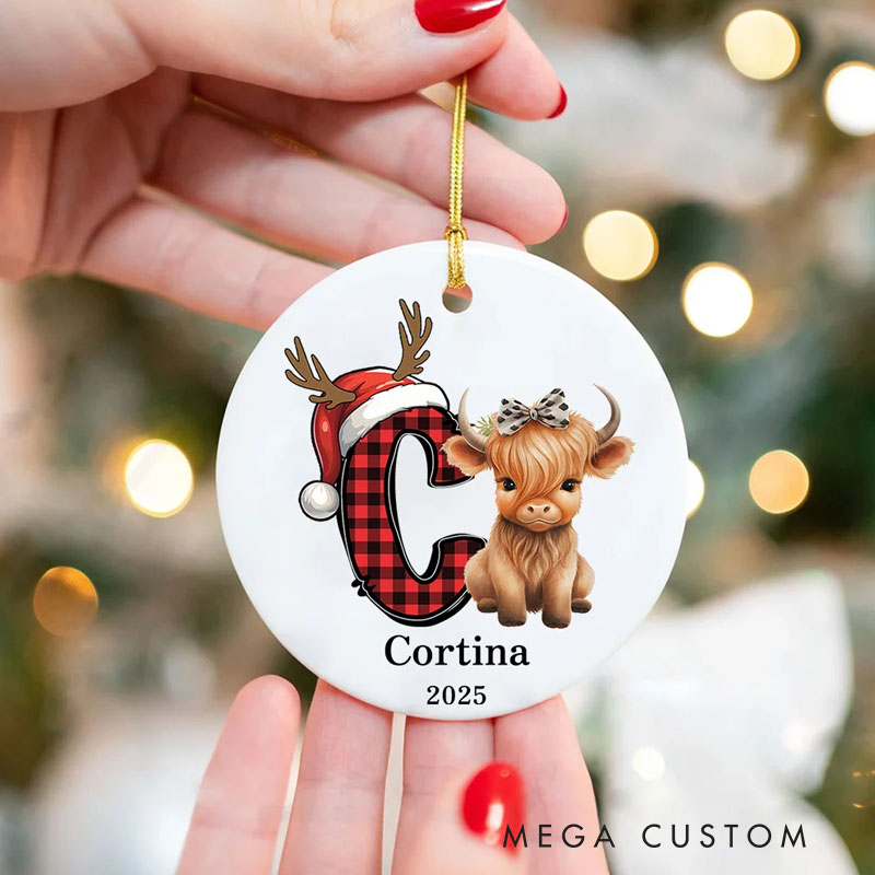 Personalized Highland Cow Christmas Initial Ceramic Ornament with Name and Year Home Decor Christmas Gift for Highland Cow Lover Family Friend