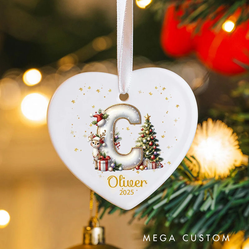 Personalized Reindeer Christmas Tree Initial Heart-shaped Ceramic Christmas Ornament with Name and Year Christmas Decor Gift for Family Friends