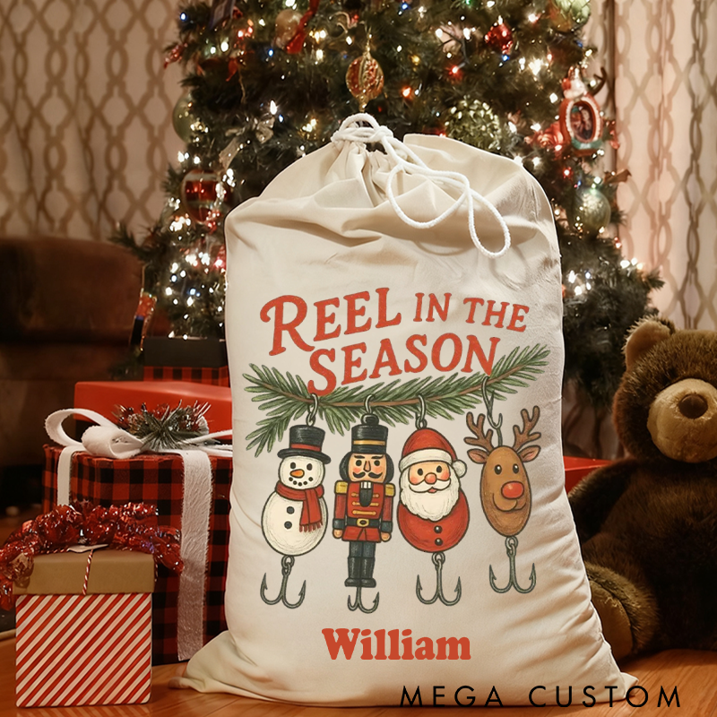 Personalized Fishing Christmas Sack Christmas Gift Bag with Reel in the Season Design Large Capacity Perfect Holiday Gift for Fishing Enthusiast