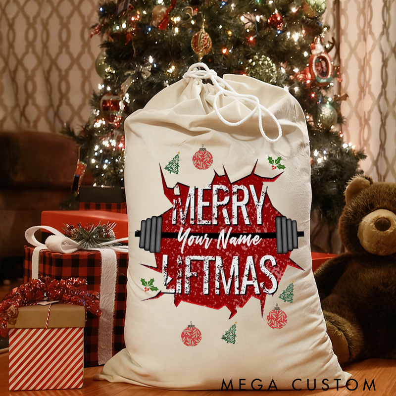 Personalized Cute Cartoon Merry Christmas Sack Family Christmas Gift Wrap Bag Custom Name Funny Merry Liftmas Fitness Santa Sack