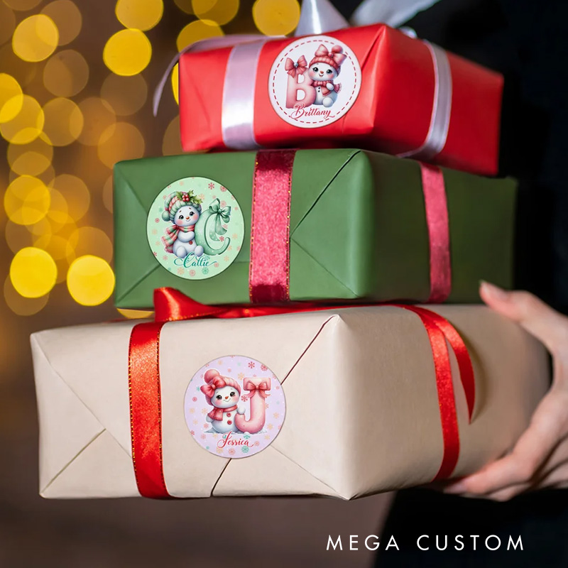 Personalized Cute Cartoon Bow Snowman Stickers Labels with Name and Initial Gift Decor Christmas Party Favors for Family Friend Kid