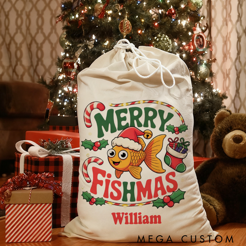 Personalized Fishing Christmas Sack Merry Fishmas Design Christmas Fishing Gift Bag Perfect Holiday Gift for Fishing Lover
