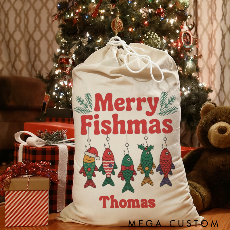 Personalized Christmas Fishing Gift Bag Fishing Christmas Sack Merry Fishmas Design Custom Name Perfect Holiday Gift for Fishing Lover