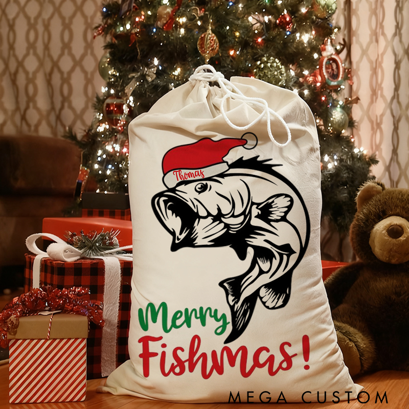Personalized Fishing Christmas Sack Christmas Fishing Gift Bag Merry Fishmas Design Perfect Holiday Gift for Fishing Lover
