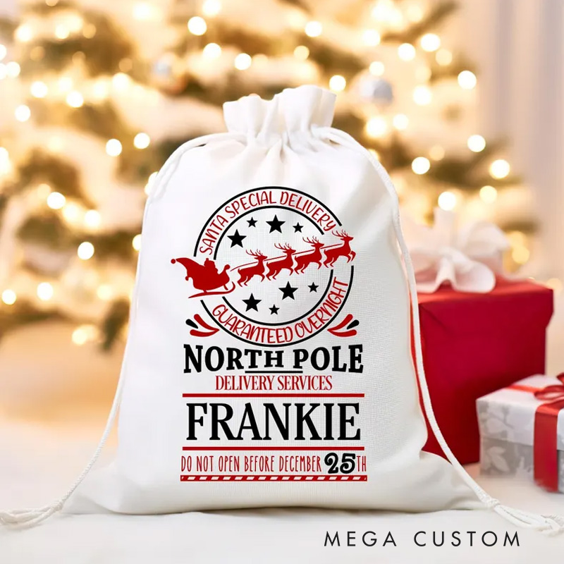 Personalized North Pole Delivery Christmas Bag with Santa Sleigh and Name for a Magical Holiday Surprise