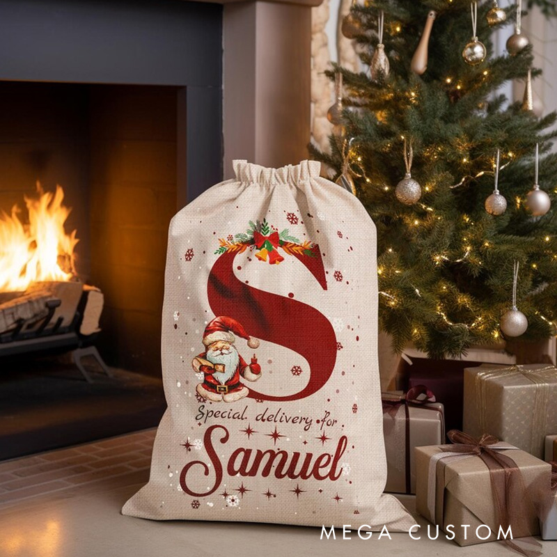 Personalized Santa Initial Christmas Bag with Festive Accents and Name for a Special Holiday Delivery