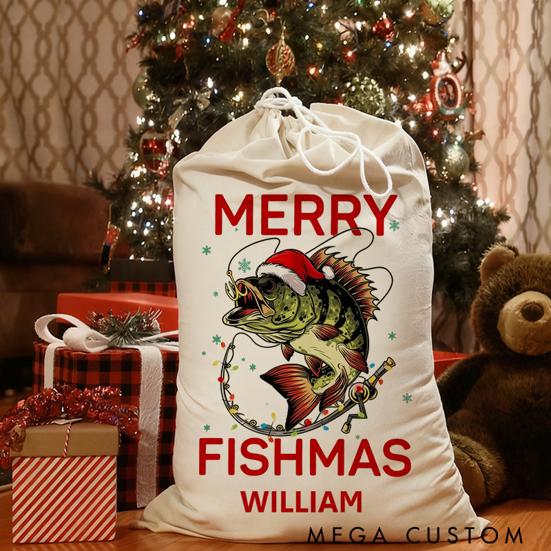 Personalized Fishing Christmas Sack Christmas Fishing Gift Bag Presents Bag Christmas Gift Sack Merry Fishmas Design Perfect Holiday Gift for Fishing Lover