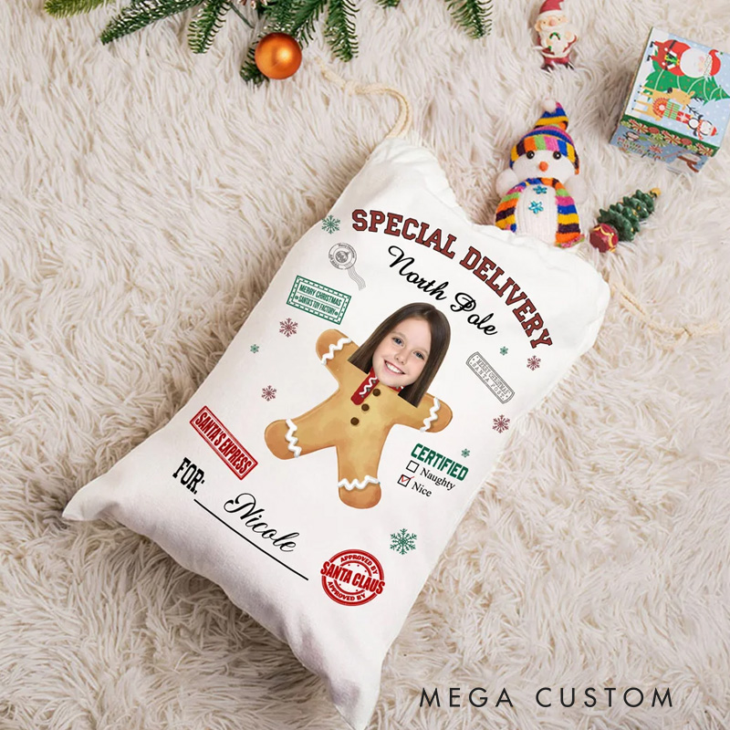 Personalized Special Delivery North Pole Santa Claus Canvas Drawstring Gift Bag with Name and Photo Christmas Gift for Friends Family