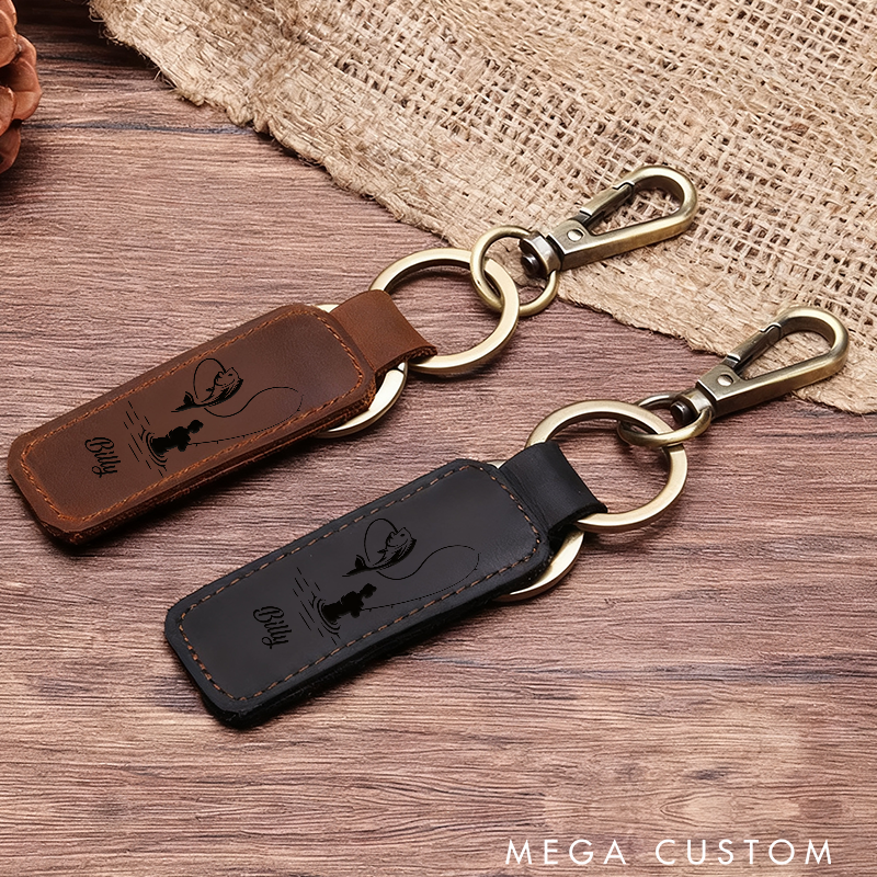 Personalized Leather Keychain Laser Engraved Fishing Keychain for Men Custom Keychain with Name Great Gift for Father's Day or Birthday