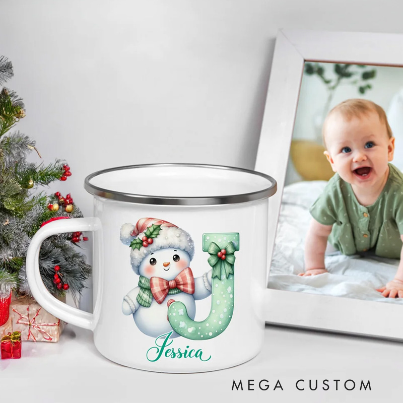 Personalized Cute Bow Snowman 12 oz Enamel Cup with Name and Initial Birthday Christmas Gift for Kids Family Friends