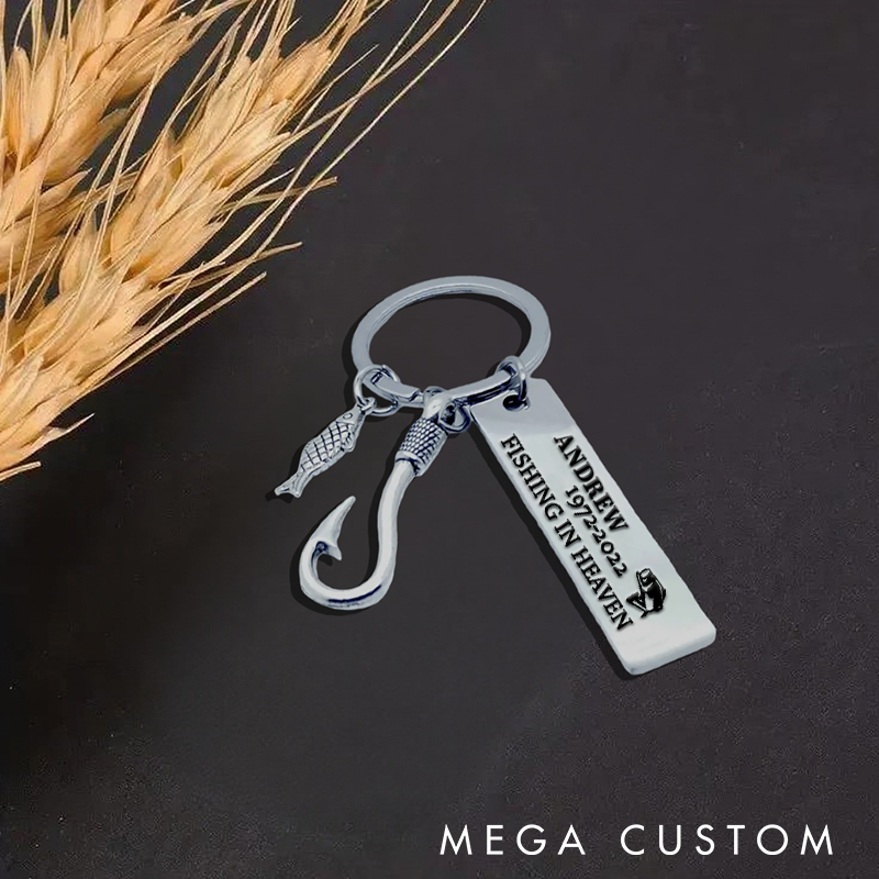 Personalized Fishing Keychain Fishing In Heaven Remembrance Keychain Gift For Remembering Your Loved Fish Hook Ones Stainless Steel Engraved Keychain For Fisherman
