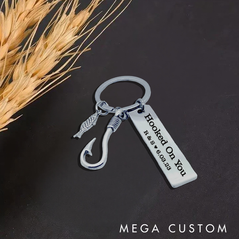 Personalized Fishing Keychain Hooked On You Design with Boyfriend Keychain Husband Gift Perfect Gift for Fishing Lover