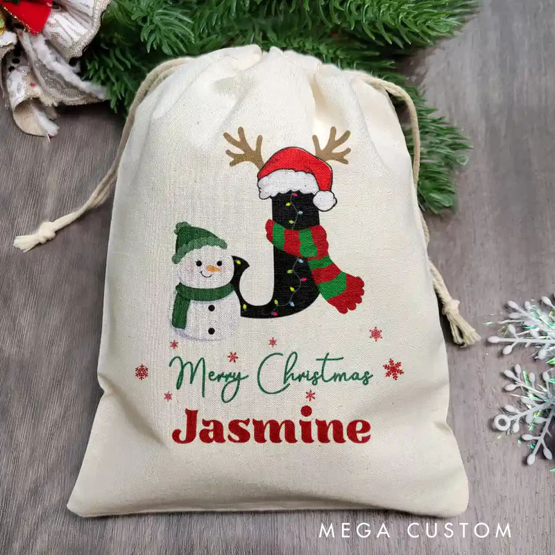 Personalized Festive Initial Christmas Bag with Snowman and Reindeer Details and Name for a Merry Holiday Season