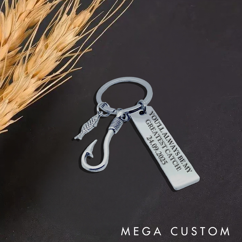 Personalized Fishing Keychain Custom Engraved Text and Time Fish Hook and Charm Design Unique Gift for Fishermen Dad or Husband